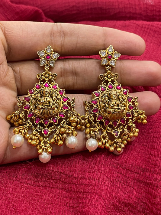 92.5 Silver Gold Plated Pink Stone Lakshmi Devi Earrings for Women | Temple Design | Traditional Jewellery