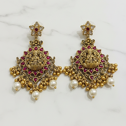 92.5 Silver Gold Plated Pink Stone Lakshmi Devi Earrings for Women | Temple Design | Traditional Jewellery pair