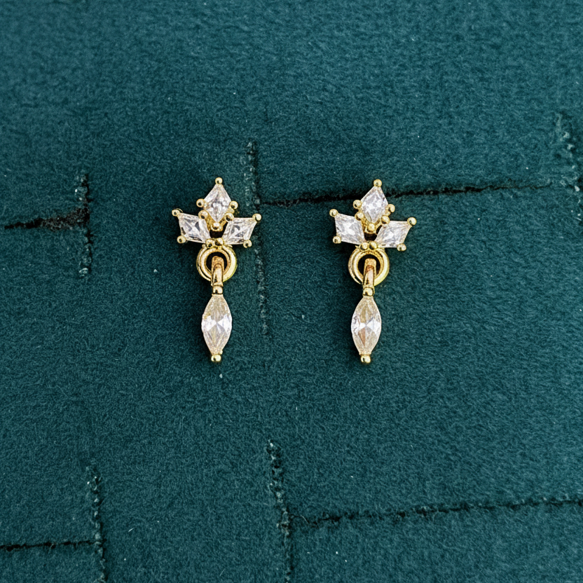 92.5 Sterling Silver Gold Plated Marquise White CZ Crown Cluster & Marquise Drop Earrings for Women