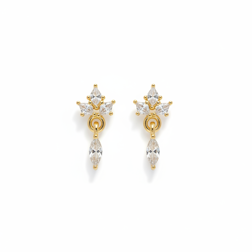 92.5 Sterling Silver Gold Plated Marquise White CZ Crown Cluster & Marquise Drop Earrings for Women