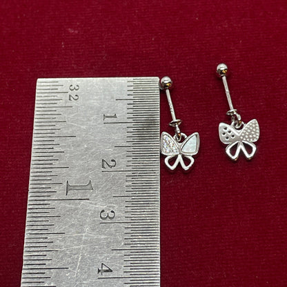 92.5 Sterling Silver Split-Wing Butterfly Bar Drop Earrings for Women | Mother-of-Pearl & CZ Butterfly Charm pair