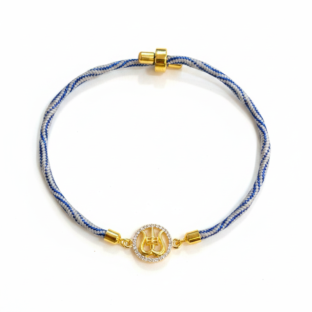 Silver Trishul Rakhi for Brother | Gold Plated CZ Charm with Blue Thread