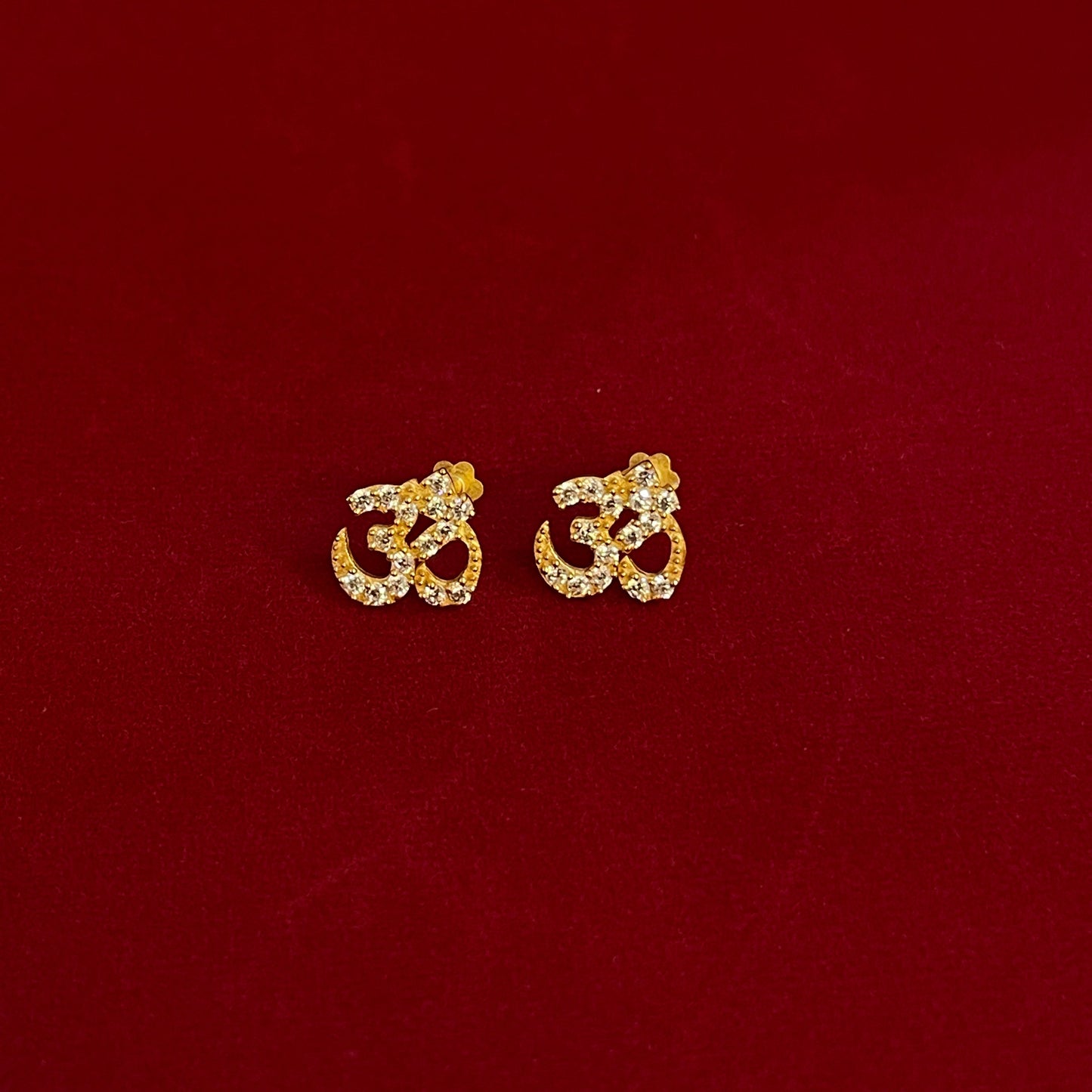 Gold Plated 92.5 Sterling Silver Pavé CZ Om Symbol Stud Earrings for Women | Sacred Om ॐ CZ Stud Earrings