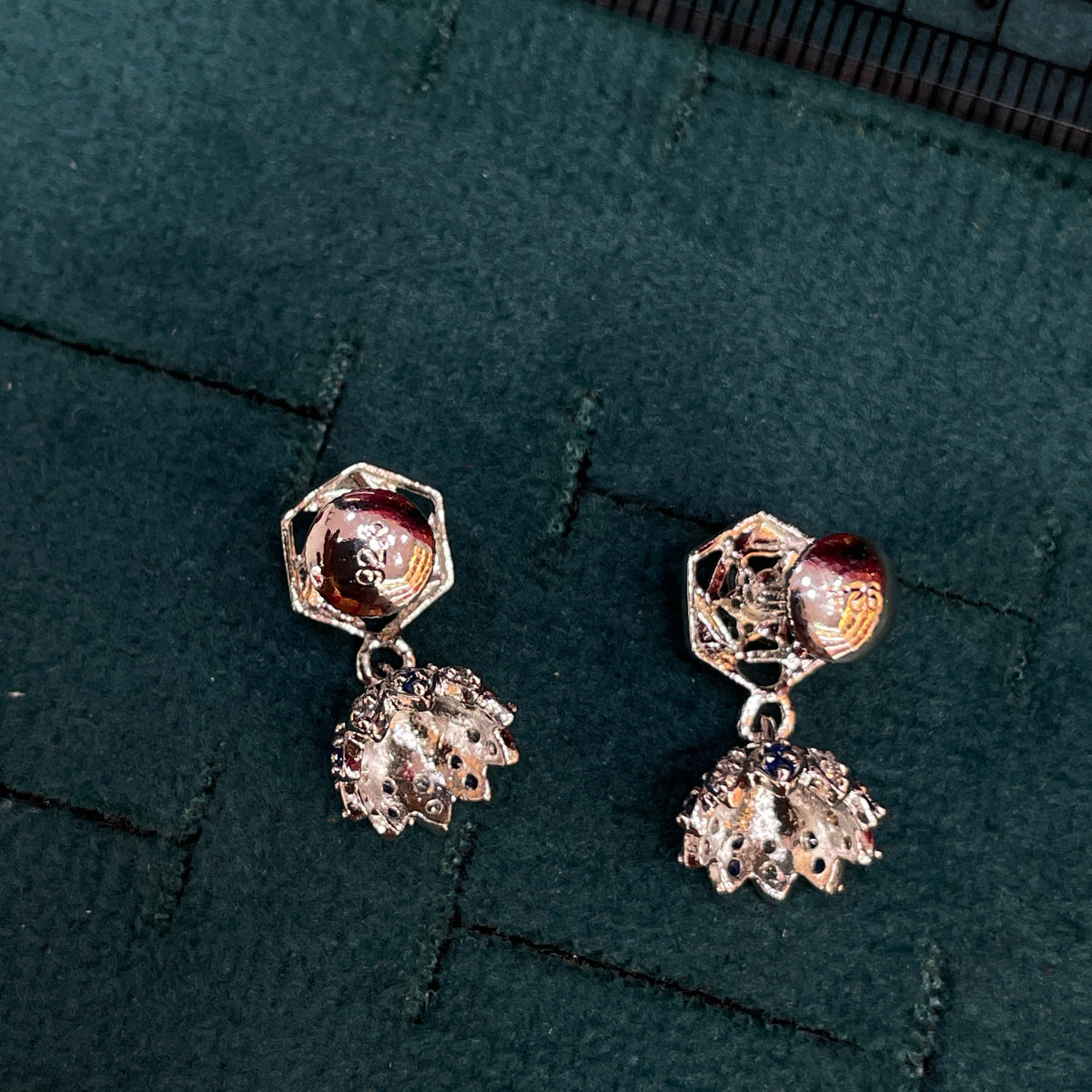 92.5 Sterling Silver CZ Hexagon Frame & Blue CZ Jhumka Drop Earrings for Women pair