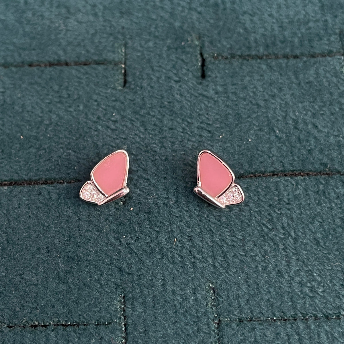 92.5 Silver Pink Mother-of-Pearl Butterfly Stud Earrings Pair
