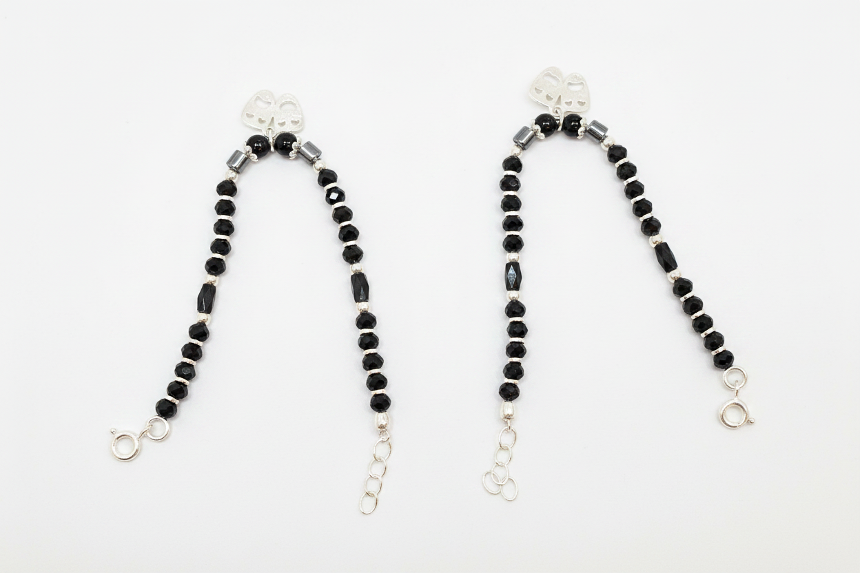 Silver Nazariya Black Bead Anklet for Kids | Set of 2 with Butterfly Charm