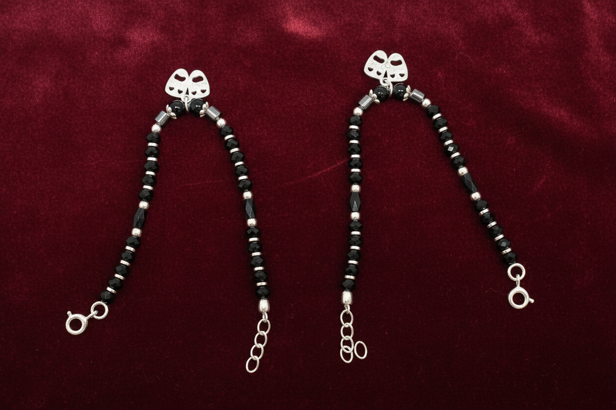 Silver Nazariya Black Bead Anklet for Kids | Set of 2 with Butterfly Charm