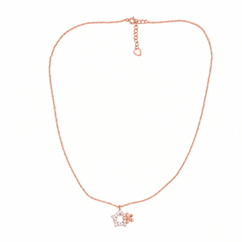 92.5 Silver Rose Gold Plated CZ Star & Flower Charm Pendant Necklace for Women