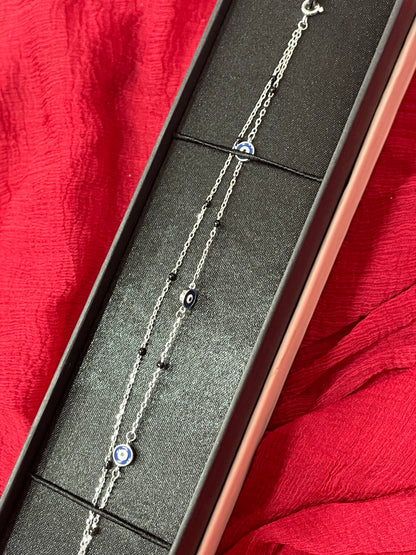 92.5 Silver Double Chain Evil Eye Bracelet 8 Inches | Premium Protective Design | Jewellery