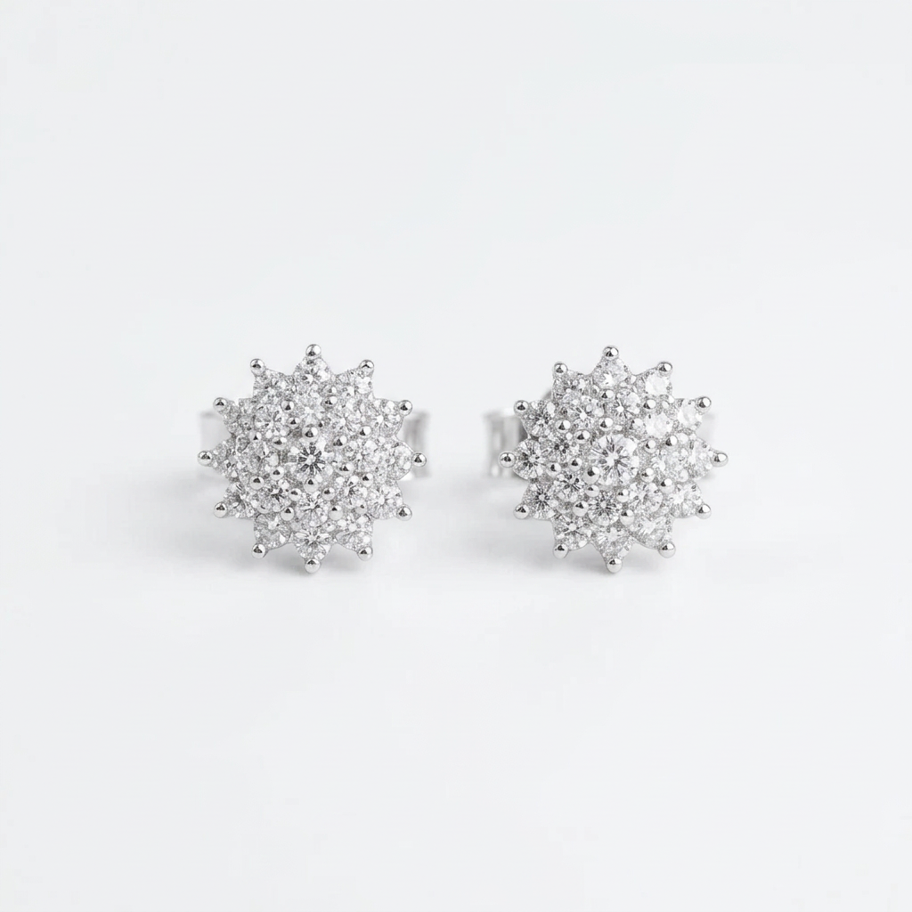 92.5 Silver Clear Stone Floral Cluster Stud Earrings Pair