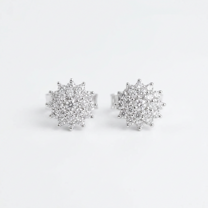 92.5 Silver Clear Stone Floral Cluster Stud Earrings Pair