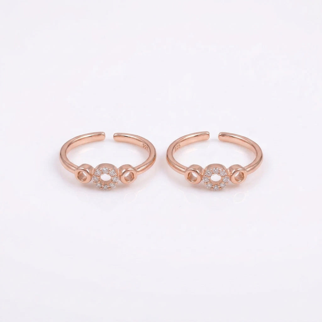92.5 Silver Rose Gold Plated White CZ Circle Toe Rings