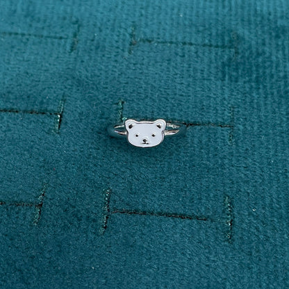 92.5 Sterling Silver White Enamel Teddy Bear Face Charm Kids Finger Ring — Size 1
