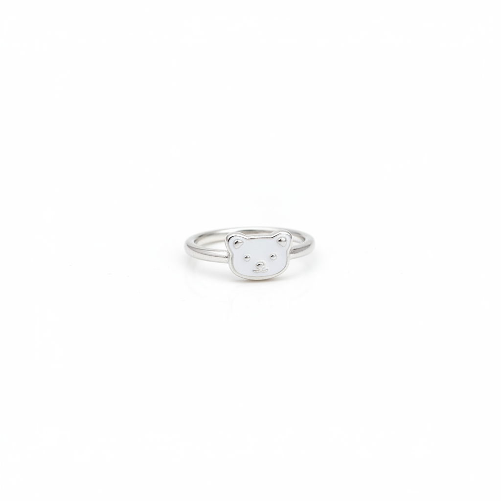 92.5 Sterling Silver White Enamel Teddy Bear Face Charm Kids Finger Ring — Size 1