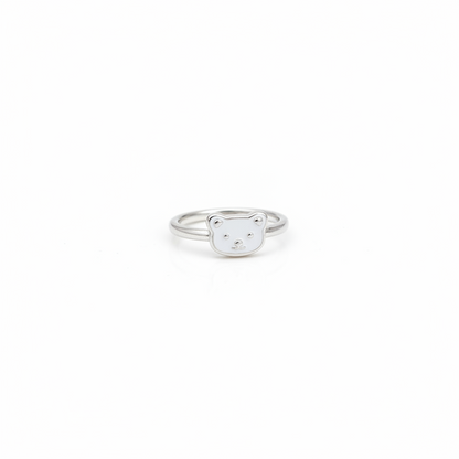 92.5 Sterling Silver White Enamel Teddy Bear Face Charm Kids Finger Ring — Size 1