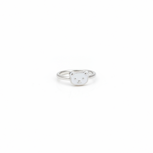 92.5 Sterling Silver White Enamel Teddy Bear Face Charm Kids Finger Ring — Size 1