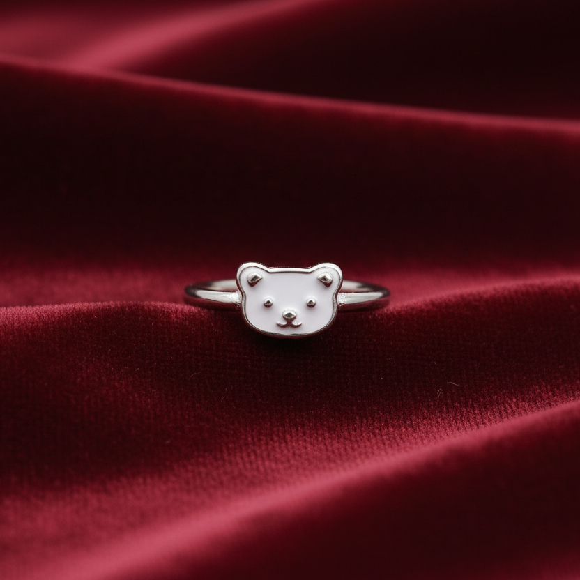 92.5 Sterling Silver White Enamel Teddy Bear Face Charm Kids Finger Ring — Size 1