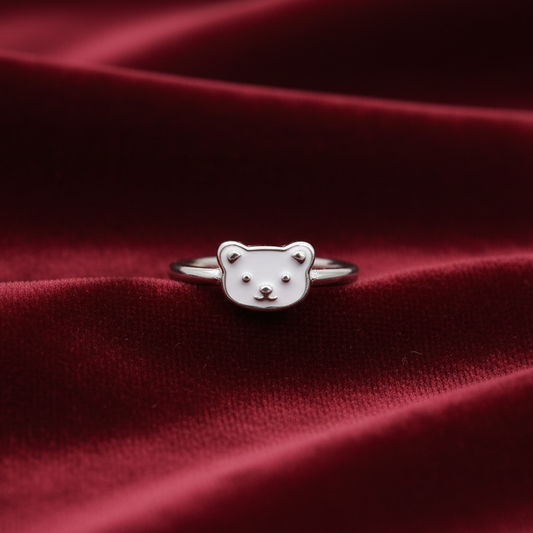 92.5 Sterling Silver White Enamel Teddy Bear Face Charm Kids Finger Ring — Size 1