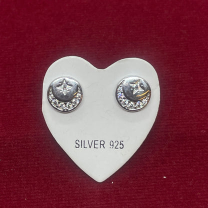 92.5 Sterling Silver CZ Crescent Moon & Star Disc Stud Earrings for Women | Celestial Moon Star Second Studs