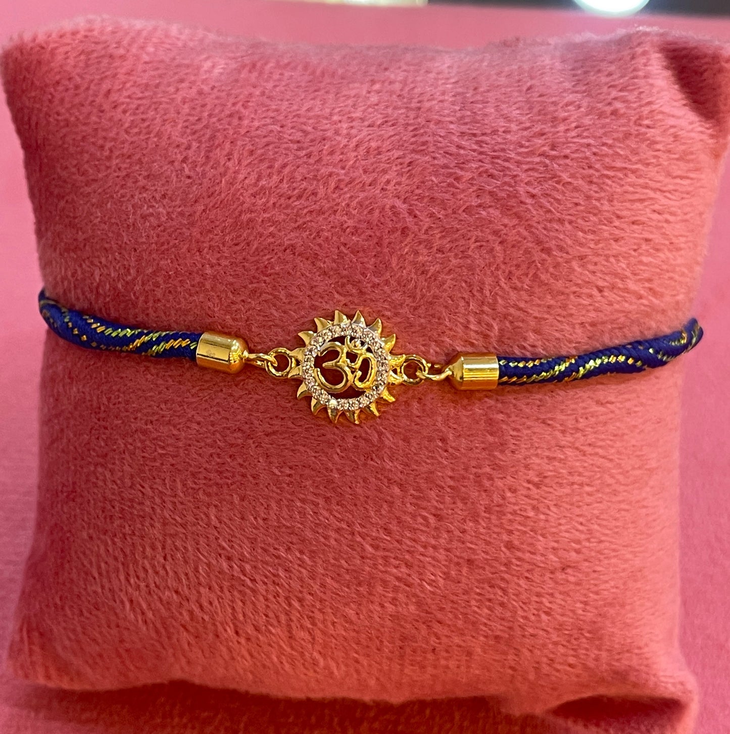 925 Silver Om Sun Rakhi for Brother | Gold Plated Charm on Royal Blue Thread