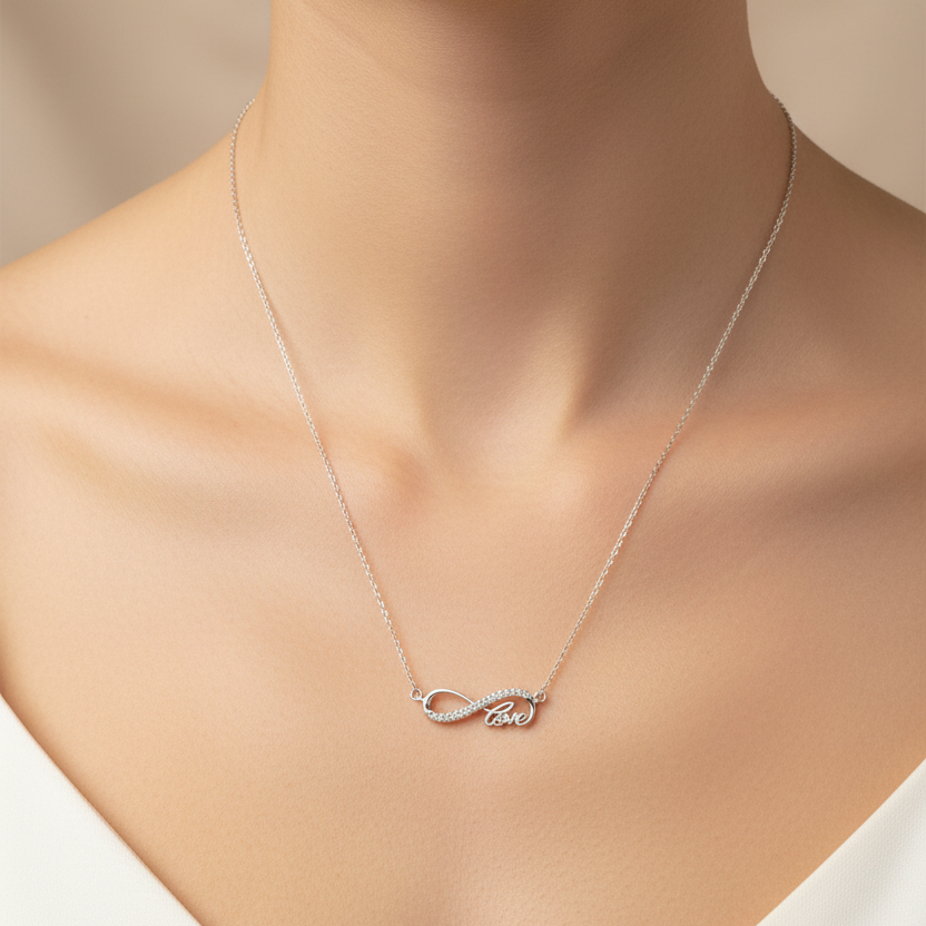 Silver necklace with a heart pendant in a black jewelry box on a red fabric background