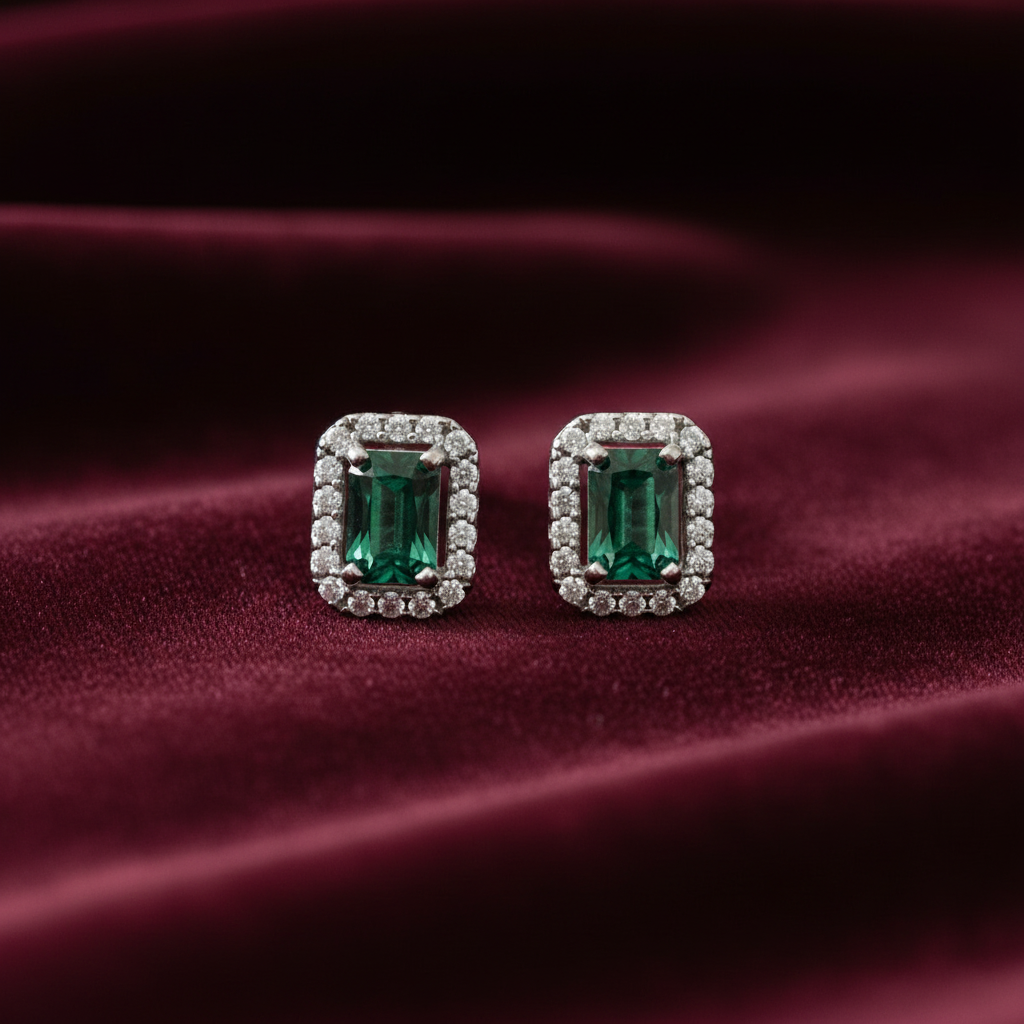 92.5 Sterling Silver Earrings for Women | Rectangular Green Stone with White Stone Halo