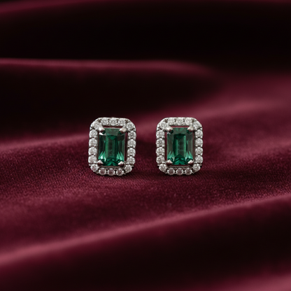 92.5 Sterling Silver Earrings for Women | Rectangular Green Stone with White Stone Halo