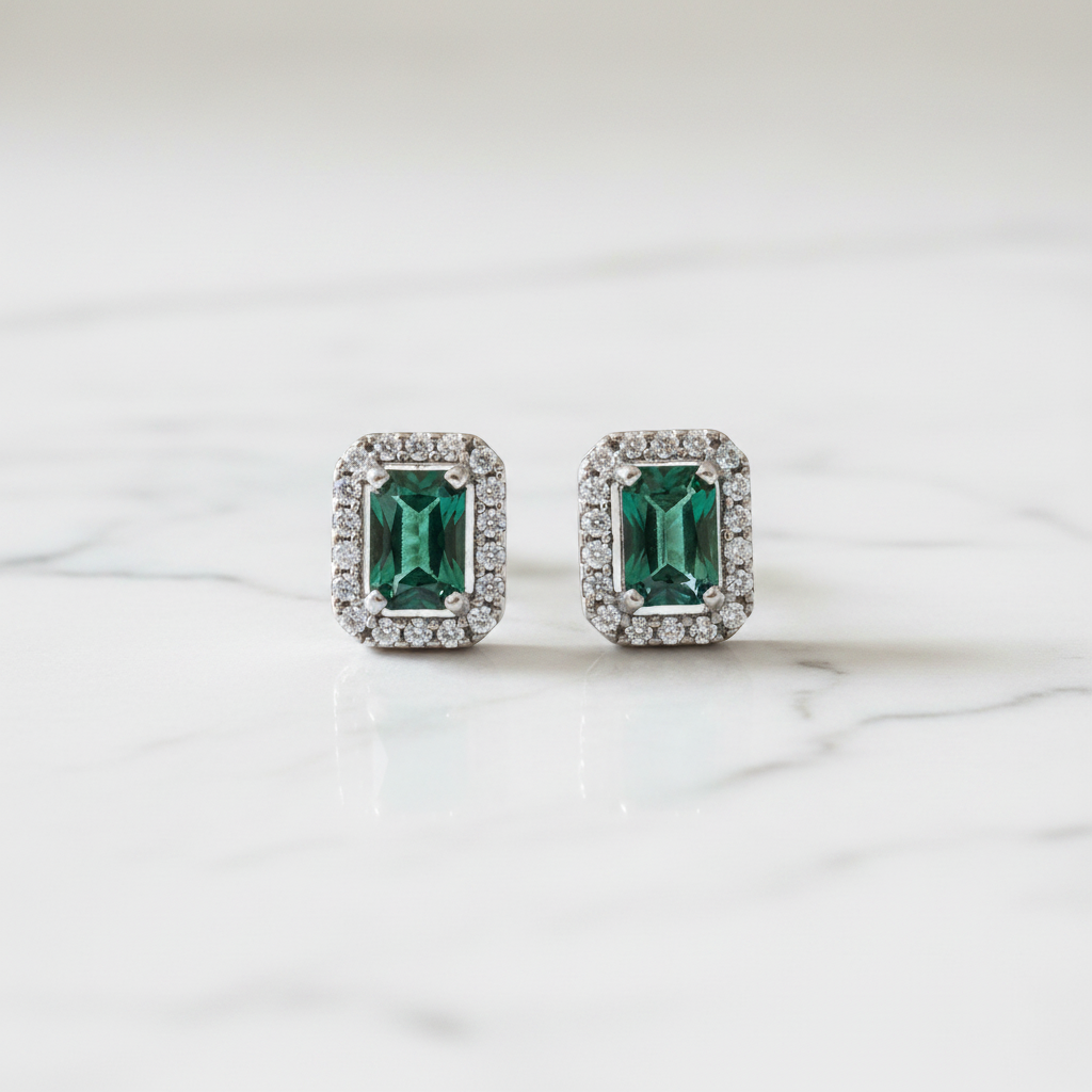 92.5 Sterling Silver Earrings for Women | Rectangular Green Stone with White Stone Halo