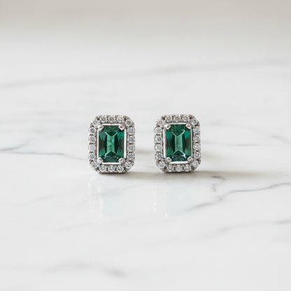 92.5 Sterling Silver Earrings for Women | Rectangular Green Stone with White Stone Halo