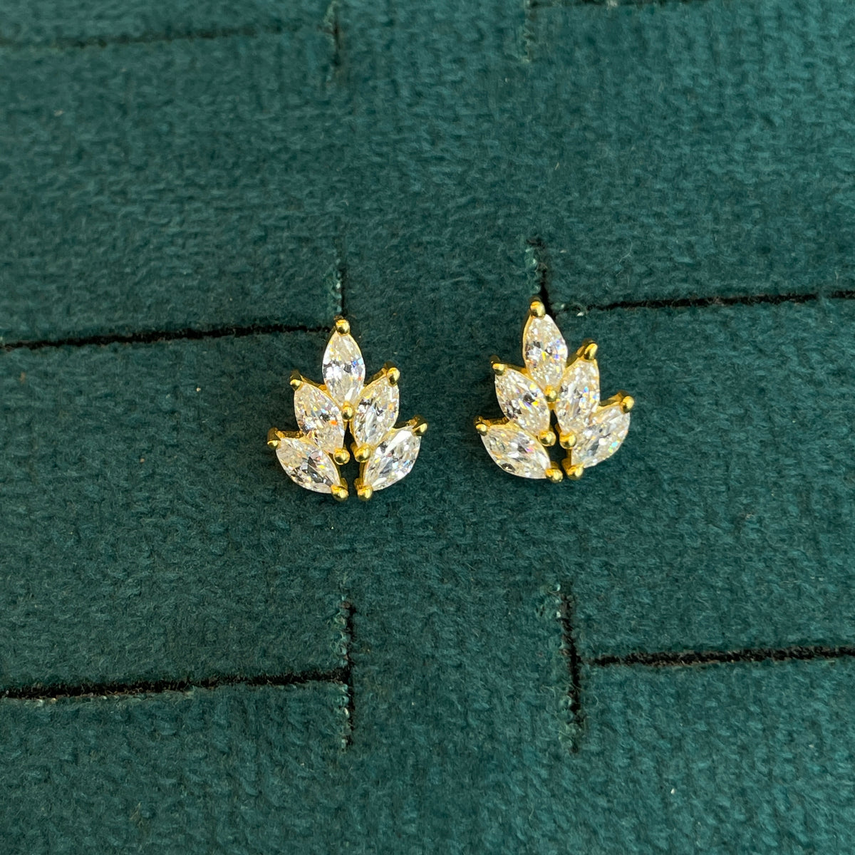 92.5 Silver Gold Plated White CZ Leaf Stud Earrings Pair