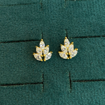 92.5 Silver Gold Plated White CZ Leaf Stud Earrings Pair
