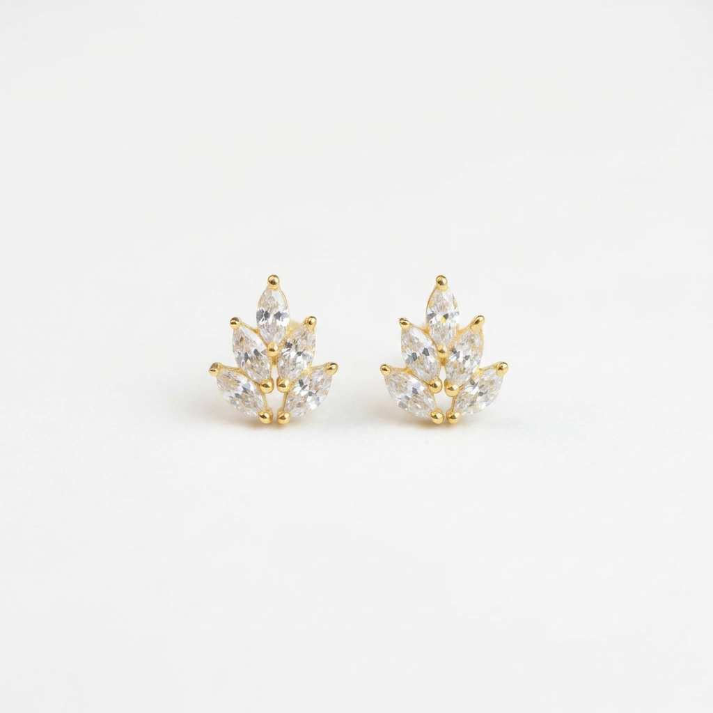 92.5 Silver Gold Plated White CZ Leaf Stud Earrings Pair