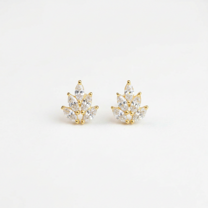 92.5 Silver Gold Plated White CZ Leaf Stud Earrings Pair