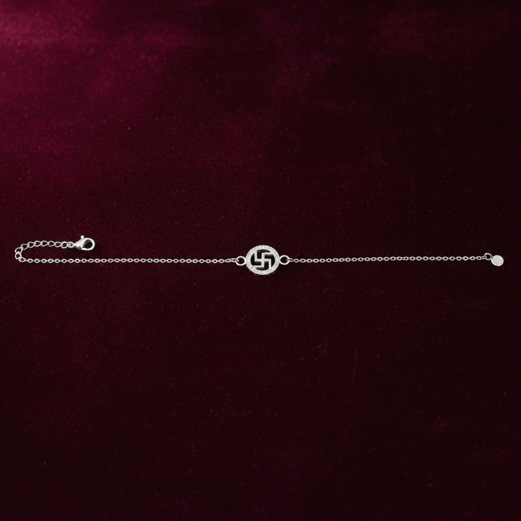 925 Sterling Silver Swastik Rakhi | Stone-Studded Chain Rakhi for Raksha Bandhan