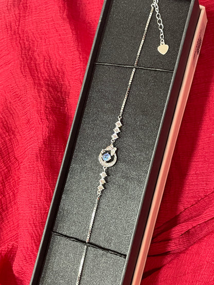 92.5 Silver Half Moon Star Bracelet 8 Inches | Premium Blue Stone Design | Jewellery