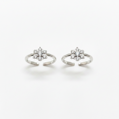 92.5 Silver Star CZ Adjustable Toe Rings for Women | Snowflake Cluster Design