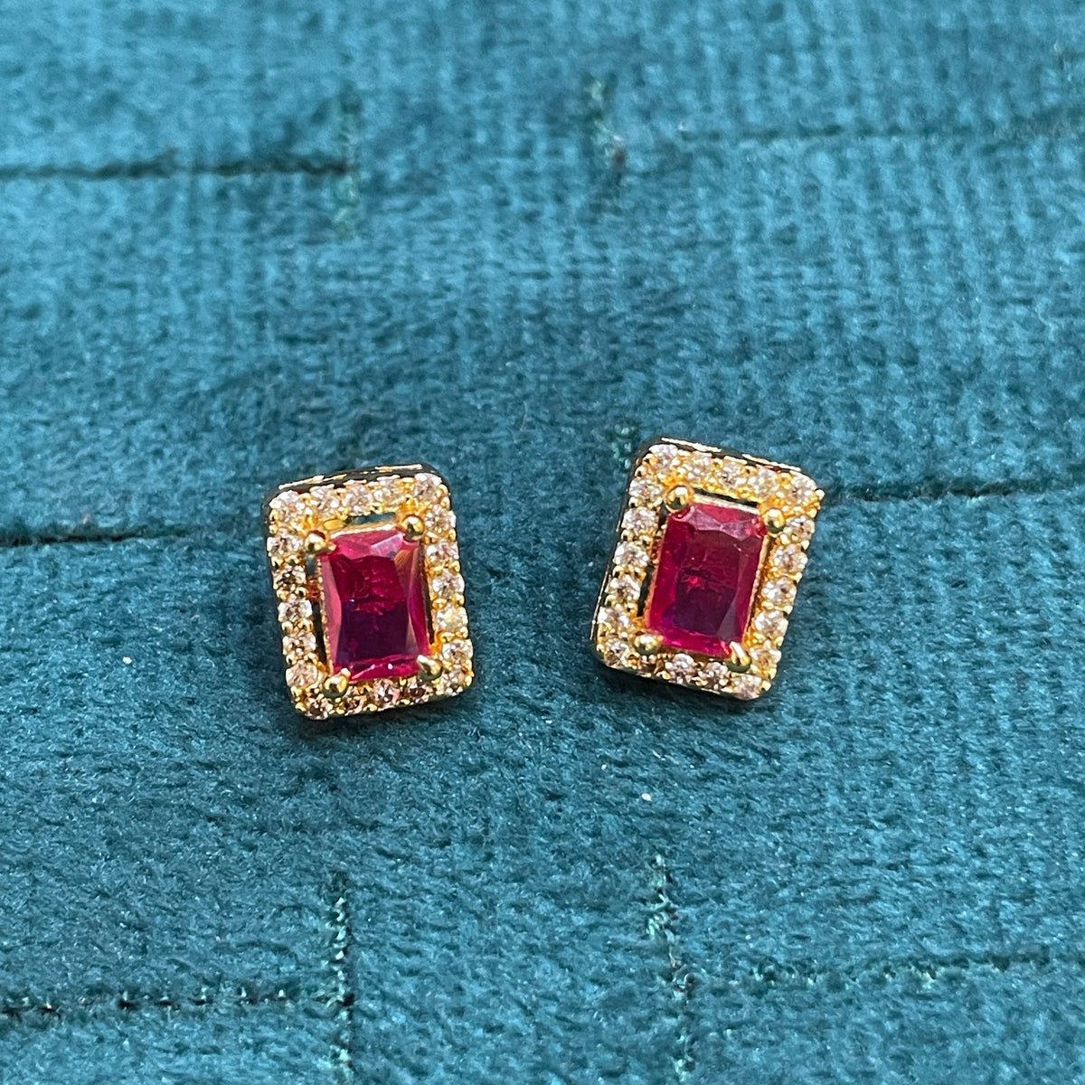 92.5 Silver Gold Plated Earrings for Women | Stylish Pink Stone Rectangle Studs pair