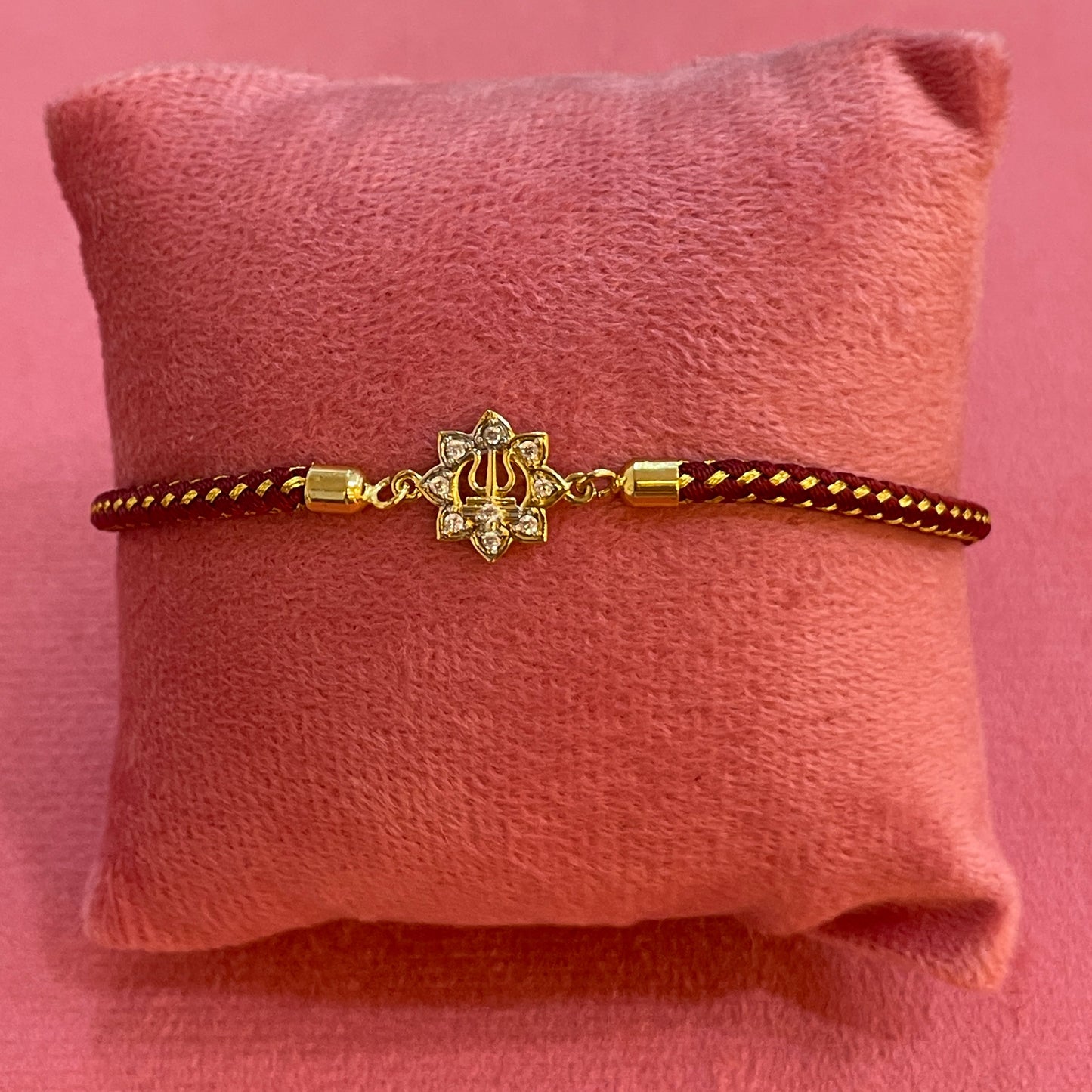 925 Silver Trishul Rakhi for Brother | Gold Plated Floral CZ Charm on Maroon Thread