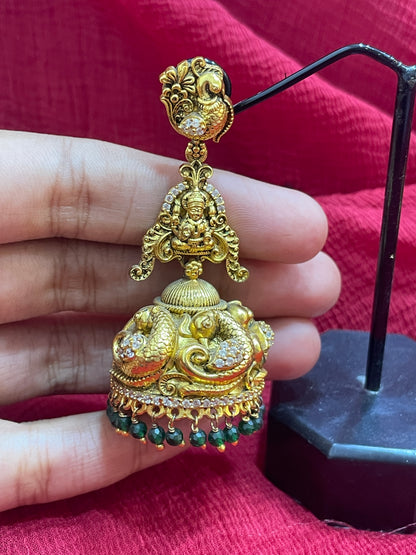 92.5 Silver Gold Plated Lakshmi Devi Jhumka Earrings for Women | Temple Style Design | Festive Jewellery