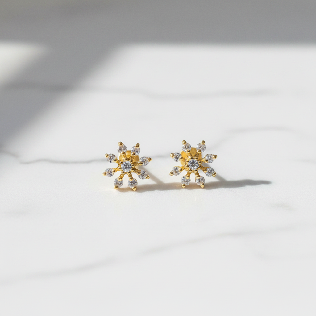 Gold Plated 92.5 Sterling Silver Full CZ Daisy Flower Stud Earrings for Women | Snowflake CZ Screw-Back Studs