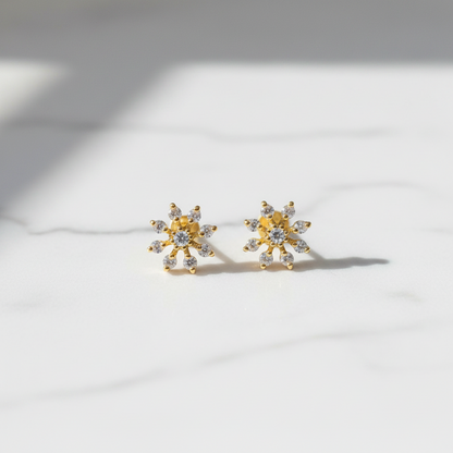 Gold Plated 92.5 Sterling Silver Full CZ Daisy Flower Stud Earrings for Women | Snowflake CZ Screw-Back Studs