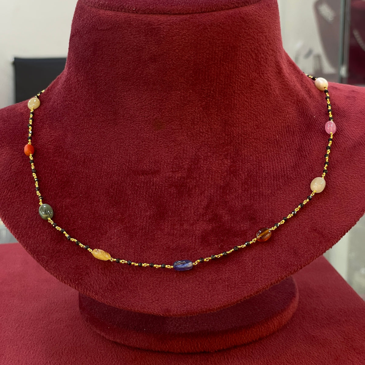 92.5 Silver Navarathna Black Bead Chain for Women