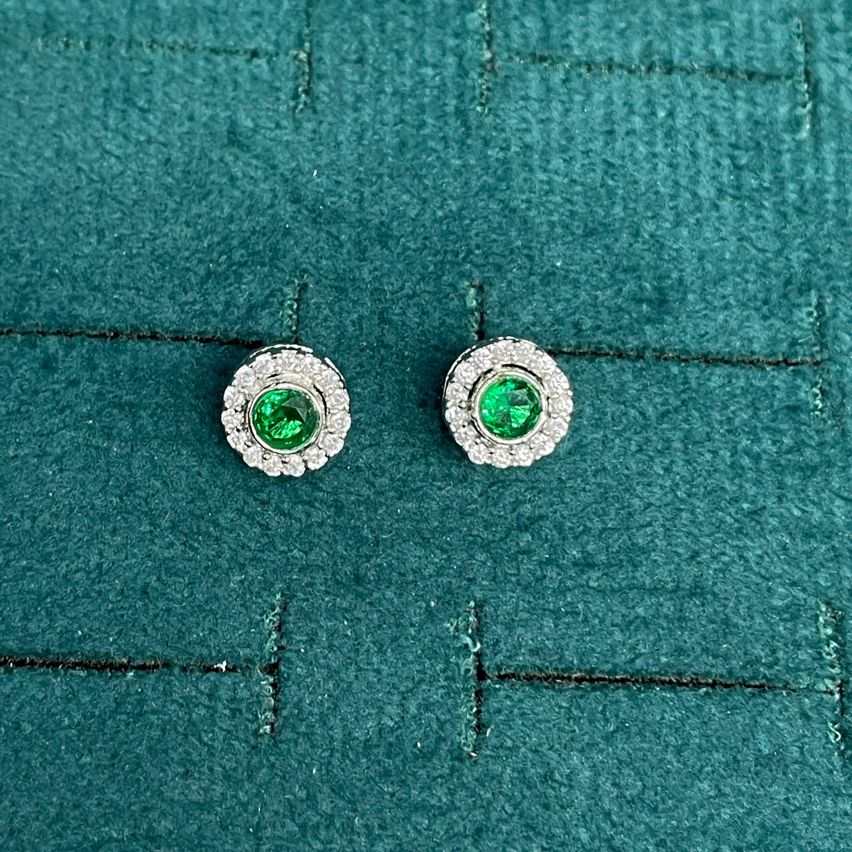 92.5 Sterling Silver Earrings for Women | Round Green Stone with White Stone Halo pair