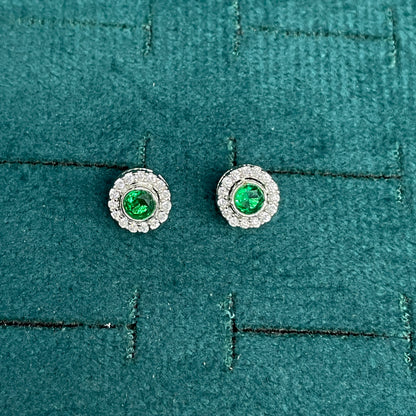92.5 Sterling Silver Earrings for Women | Round Green Stone with White Stone Halo pair