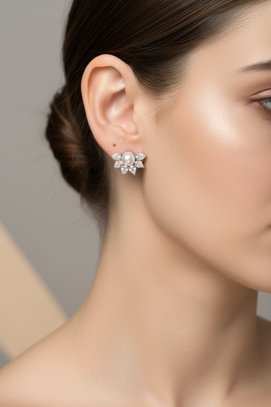92.5 Silver White Stone Pearl Earrings for Women | Stylish Elegant Design | Premium Jewellery
