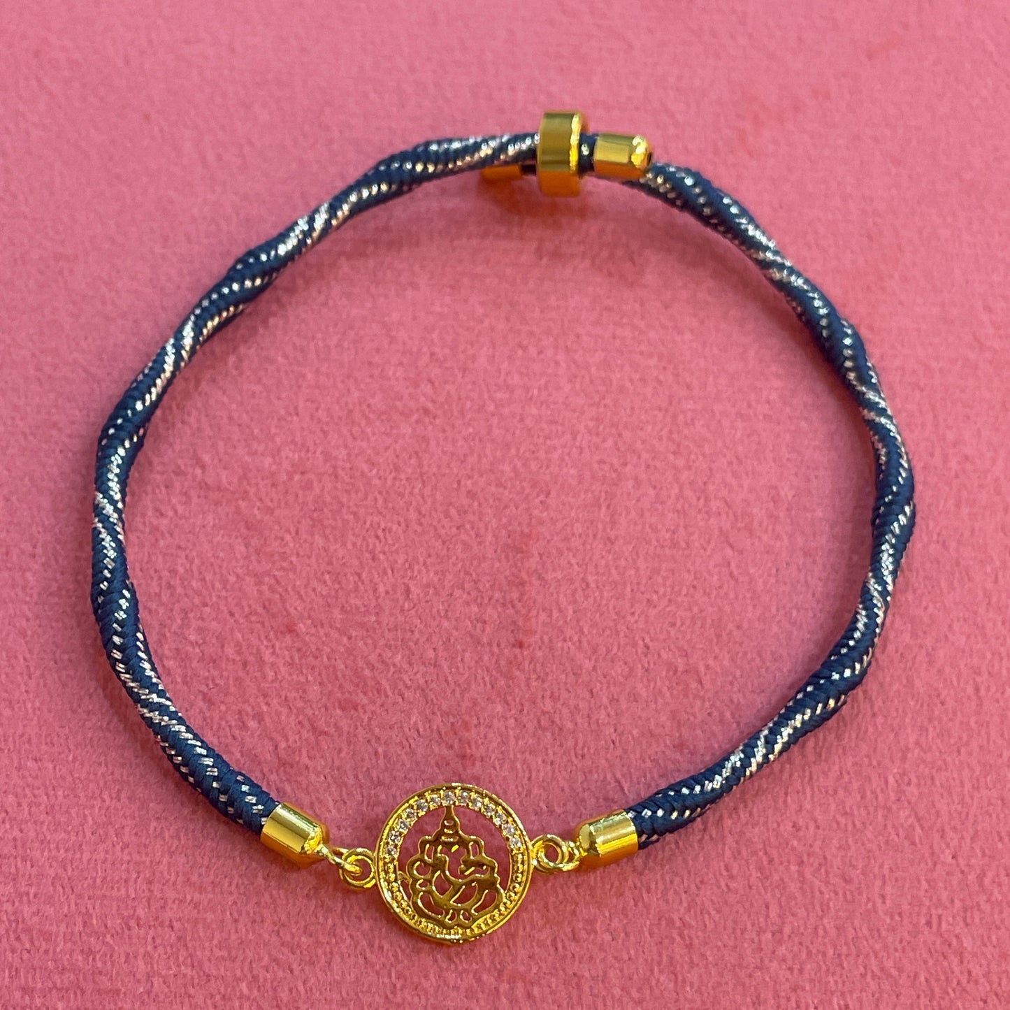 925 Silver Ganesha Rakhi for Brother | Gold Plated Circular Charm on Navy Blue Thread