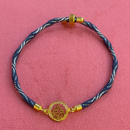 925 Silver Ganesha Rakhi for Brother | Gold Plated Circular Charm on Navy Blue Thread