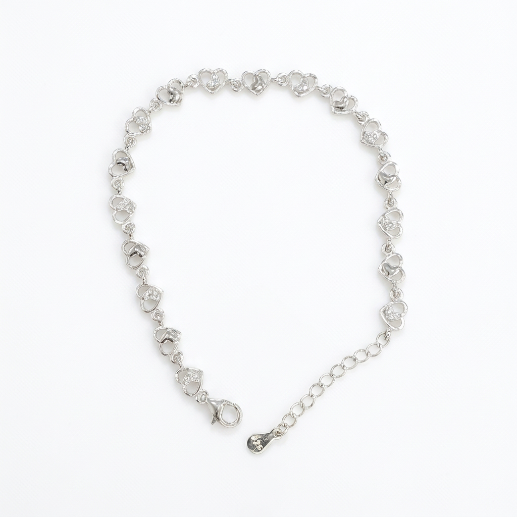 92.5 Silver Heart Link Bracelet for Women