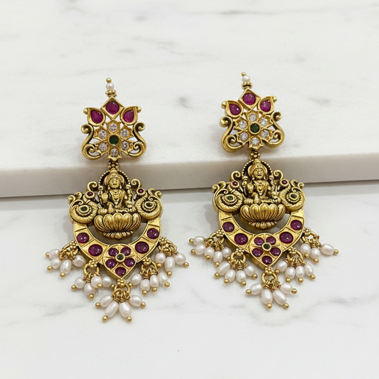 92.5 Silver Gold Plated Lakshmi Devi Earrings for Women | Traditional Temple Design | Spiritual Jewellery pair