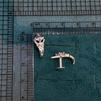 92.5 Sterling Silver Earrings for Women | J-Shape Pink and White Stone Studs pair